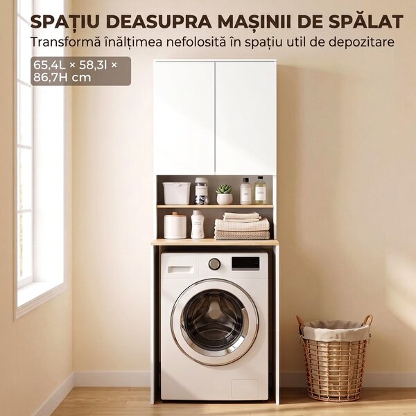 HOMCOM Dulap deasupra Mașinii de Spălat, 2 Uși Soft-Close, Raft Reglabil, 2 Rafturi Deschise, 68x59.8x188.6 cm, Alb și Stejar | Aosom Romania