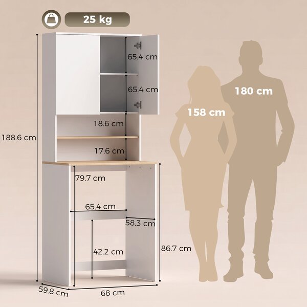 HOMCOM Dulap deasupra Mașinii de Spălat, 2 Uși Soft-Close, Raft Reglabil, 2 Rafturi Deschise, 68x59.8x188.6 cm, Alb și Stejar | Aosom Romania