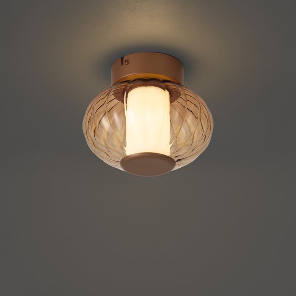 Margherite Designer Brass Ceiling Lamp, 18cm, with Amber Glass & Integrated 3-Step Dimmable LED