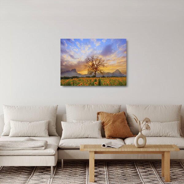 Tablou pe sticlă - Peisaj cu floarea soarelui (70x50 cm)