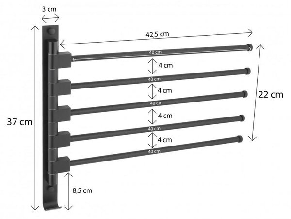 Erga Kamer, suport pentru prosoape cu 5 brațe 45x37 cm, negru mat, ERG-YKA-CH.KAMER-BLK