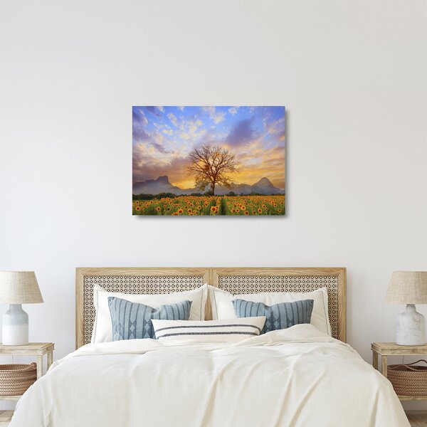 Tablou pe sticlă - Peisaj cu floarea soarelui (70x50 cm)