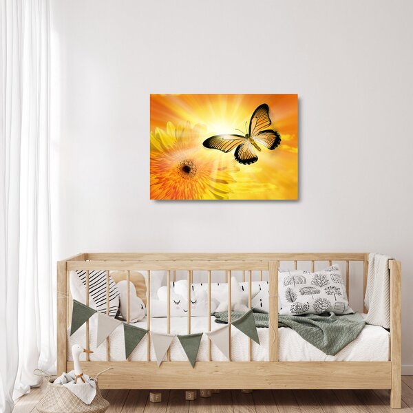 Tablou pe sticlă - Fluture galben cu flori (70x50 cm)