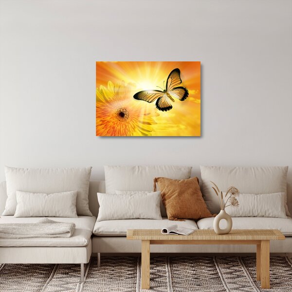 Tablou pe sticlă - Fluture galben cu flori (70x50 cm)