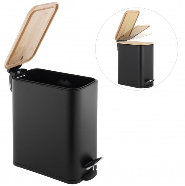 Erga Moby, coș de gunoi dreptunghiular 5l pentru picioare, închidere Soft-Close, negru mat-maro natural, ERG-YKA-CH.MOBY-5-BLK