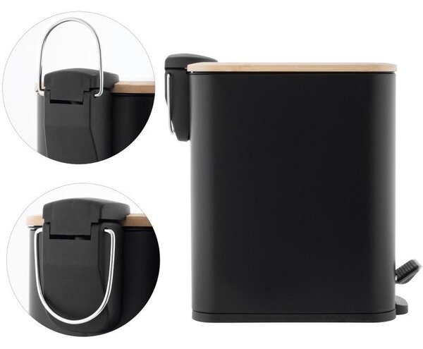 Erga Moby, coș de gunoi dreptunghiular 5l pentru picioare, închidere Soft-Close, negru mat-maro natural, ERG-YKA-CH.MOBY-5-BLK