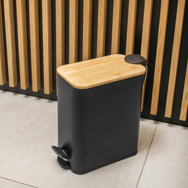 Erga Moby, coș de gunoi dreptunghiular 5l pentru picioare, închidere Soft-Close, negru mat-maro natural, ERG-YKA-CH.MOBY-5-BLK