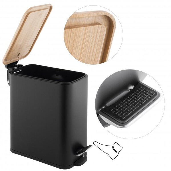 Erga Moby, coș de gunoi dreptunghiular 5l pentru picioare, închidere Soft-Close, negru mat-maro natural, ERG-YKA-CH.MOBY-5-BLK