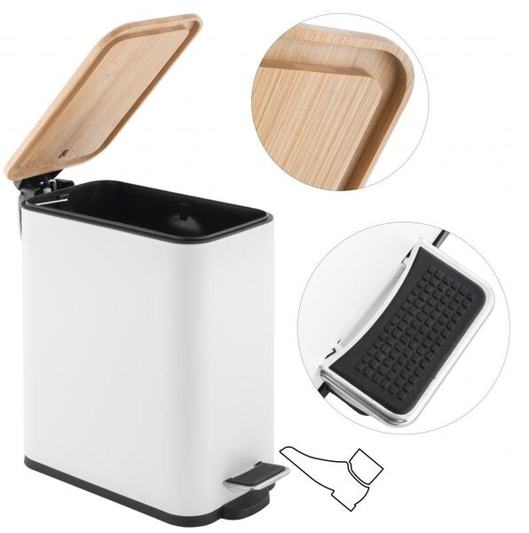 Erga Moby, coș de gunoi dreptunghiular 5l pentru picioare, închidere Soft-Close, alb mat-maro natural, ERG-YKA-CH.MOBY-5-WHT