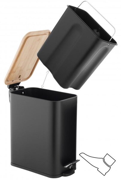 Erga Moby, coș de gunoi dreptunghiular 5l pentru picioare, închidere Soft-Close, negru mat-maro natural, ERG-YKA-CH.MOBY-5-BLK