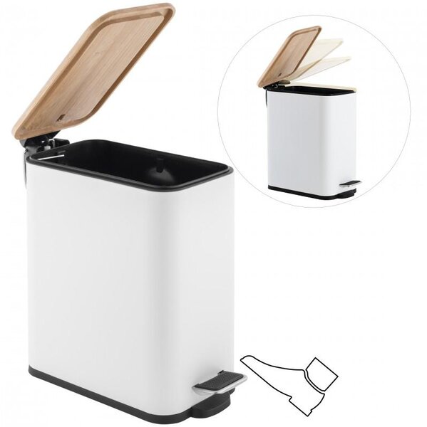 Erga Moby, coș de gunoi dreptunghiular 5l pentru picioare, închidere Soft-Close, alb mat-maro natural, ERG-YKA-CH.MOBY-5-WHT