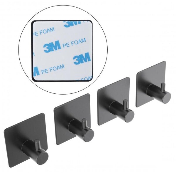 Erga Pad, cârlig autoadeziv pentru prosoape 4,5x4,5 cm (4 buc), negru mat, ERG-YKA-CH.PAD-4-BLK
