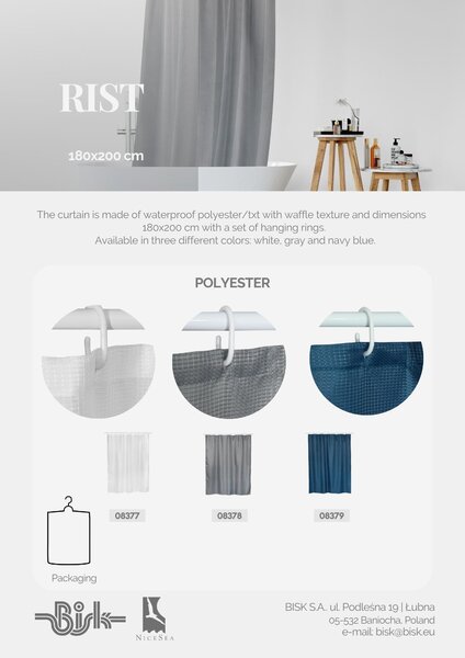 BISK Erga RIST, perdea de dus cu carlige (12 buc) 200x180 cm, gri, ERG-08378