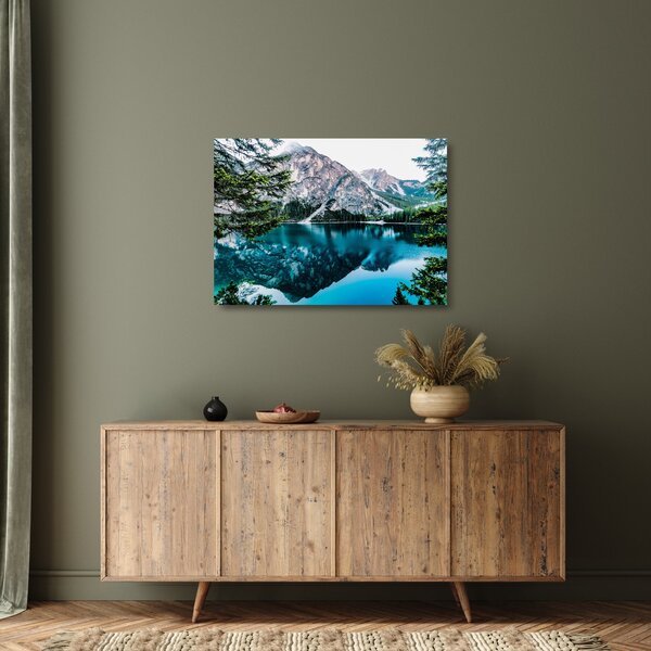 Tablou pe sticlă - Lac în Alpi (70x50 cm)