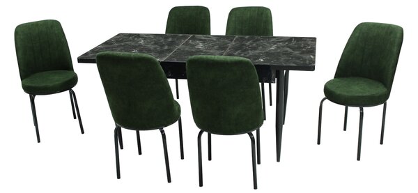 Set masă extensibilă Aris Negru Marmorat cu 6 scaune Athos Verde