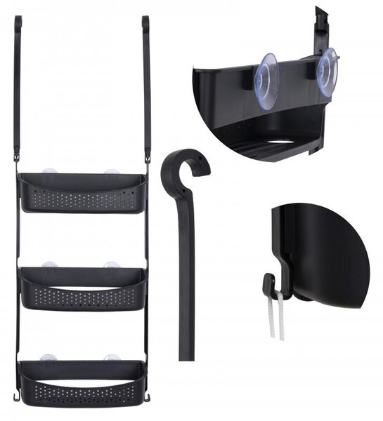 Erga Wiki, coș de baie, organizator suspendat 31x88 cm cu ventuze, 3 rânduri, negru mat, ERG-YKA-CH.WIKI-3-BLK