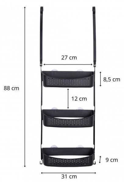 Erga Wiki, coș de baie, organizator suspendat 31x88 cm cu ventuze, 3 rânduri, negru mat, ERG-YKA-CH.WIKI-3-BLK