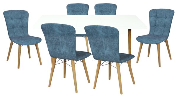 Set masă extensibilă Aris Alb cu 6 scaune Artur Bleu
