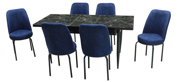 Set masă extensibilă Aris Negru Marmorat cu 6 scaune Athos Albastru