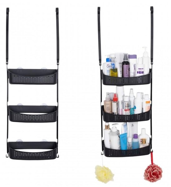 Erga Wiki, coș de baie, organizator suspendat 31x88 cm cu ventuze, 3 rânduri, negru mat, ERG-YKA-CH.WIKI-3-BLK