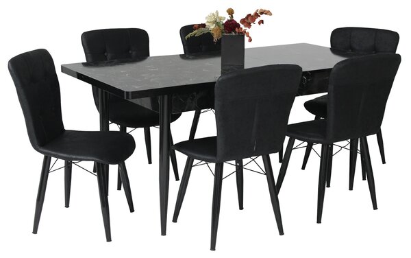 Set masă extensibilă Aris Negru Marmorat cu 6 scaune Artur Negru