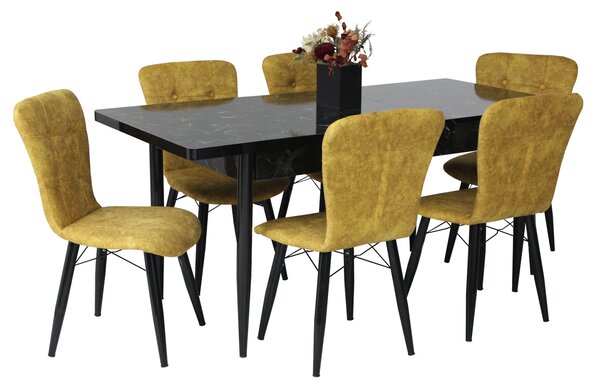 Set masă extensibilă Aris Negru Marmorat cu 6 scaune Artur Galben Picior Negru