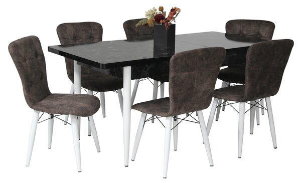 Set masă extensibilă Aris Negru Marmorat cu 6 scaune Artur Maro Picior Alb