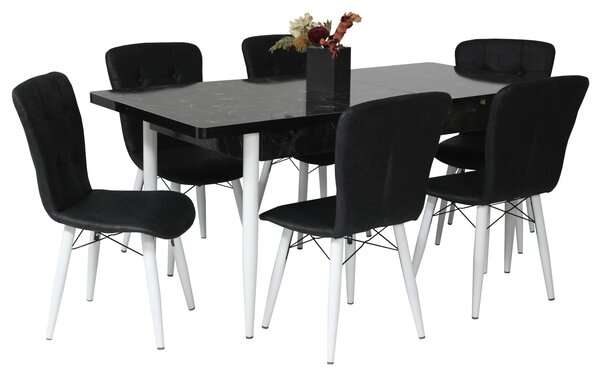 Set masă extensibilă Aris Negru Marmorat cu 6 scaune Artur Negru Picior Alb