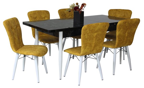 Set masă extensibilă Aris Negru Marmorat cu 6 scaune Artur Galben Picior Alb
