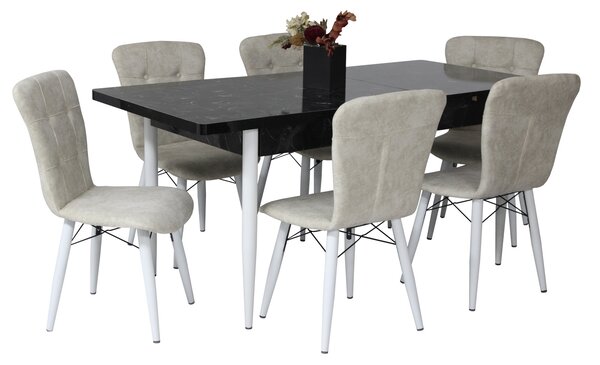 Set masă extensibilă Aris Negru Marmorat cu 6 scaune Artur Crem Picior Alb