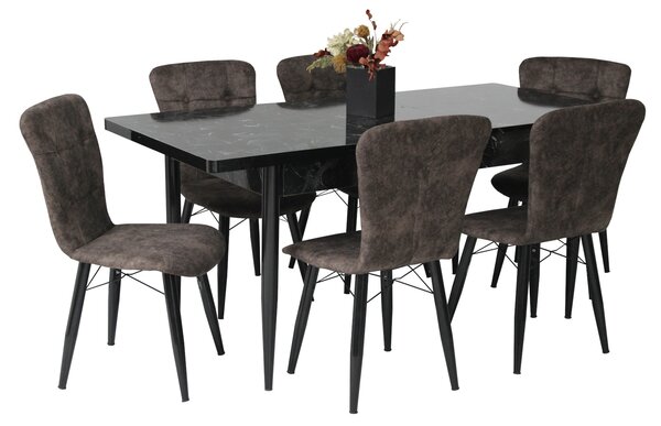 Set masă extensibilă Aris Negru Marmorat cu 6 scaune Artur Maro Picior Negru