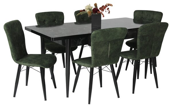 Set masă extensibilă Aris Negru Marmorat cu 6 scaune Artur Verde
