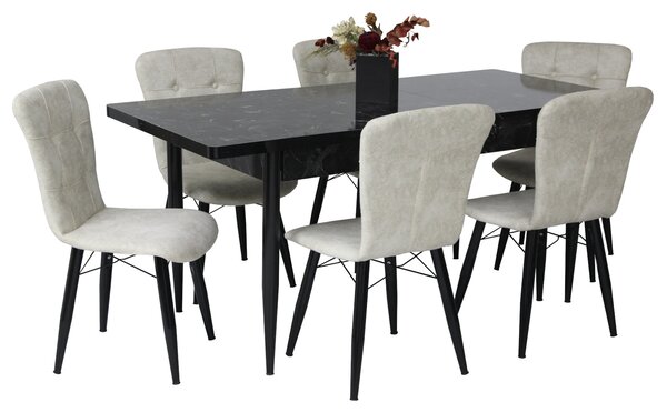 Set masă extensibilă Aris Negru Marmorat cu 6 scaune Artur Crem Picior Negru