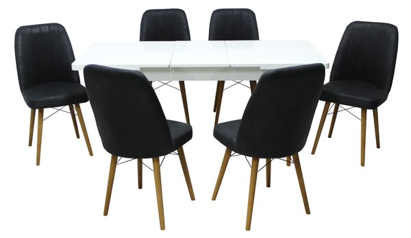 Set masă extensibilă Aris Alb cu 6 scaune Atena Negru
