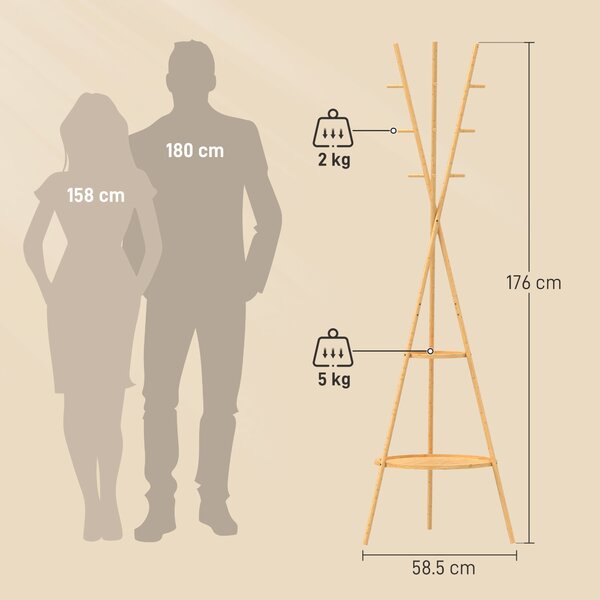 HOMCOM Cuier freestanding cu 9 cârlige și 2 polițe pentru intrare, lemn natural | Aosom Romania