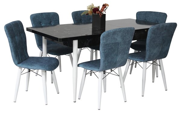 Set masă extensibilă Aris Negru Marmorat cu 6 scaune Artur Bleu Picior Alb