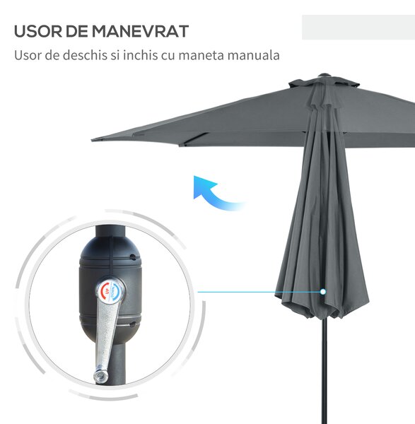 Outsunny Umbrela de Gradina Φ300cm cu Manivela, Gri Inchis | Aosom Romania