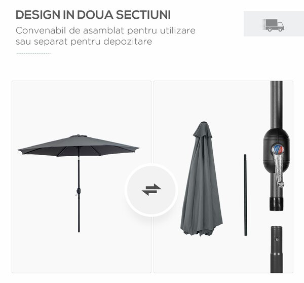 Outsunny Umbrela de Gradina Φ300cm cu Manivela, Gri Inchis | Aosom Romania