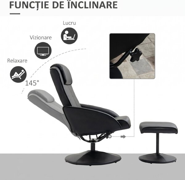HOMCOM Fotoliu reclinabil de relaxare cu otoman pentru picioare si tapiterie din piele artificiala, 71x78x101cm, negru | Aosom Romania