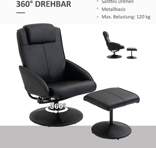 HOMCOM Fotoliu reclinabil de relaxare cu otoman pentru picioare si tapiterie din piele artificiala, 71x78x101cm, negru | Aosom Romania
