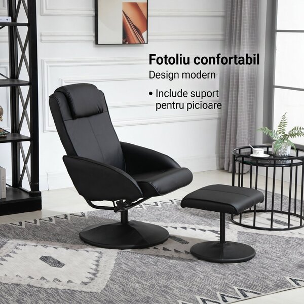 HOMCOM Fotoliu reclinabil de relaxare cu otoman pentru picioare si tapiterie din piele artificiala, 71x78x101cm, negru | Aosom Romania