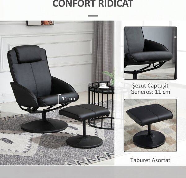 HOMCOM Fotoliu reclinabil de relaxare cu otoman pentru picioare si tapiterie din piele artificiala, 71x78x101cm, negru | Aosom Romania