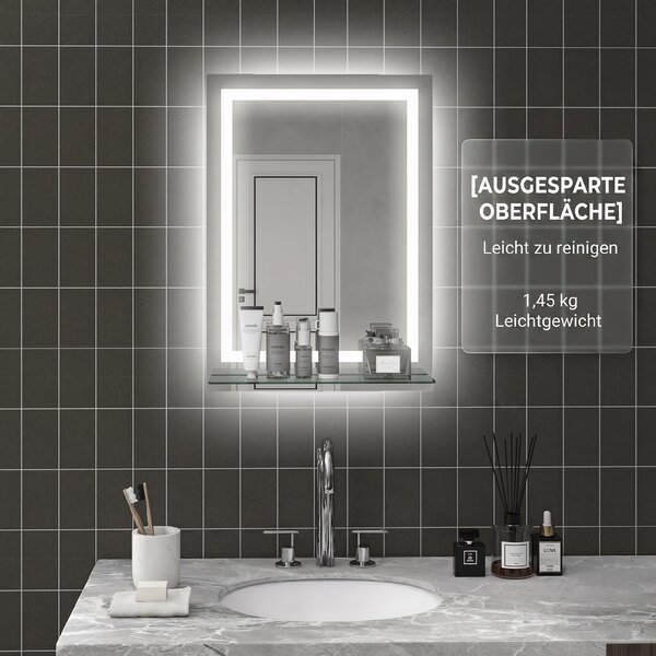 Kleankin Oglindă de Baie cu Lumini LED în 3 Culori Reglabile și Raft din Sticlă, 50x12x70 cm, Argintiu | Aosom Romania