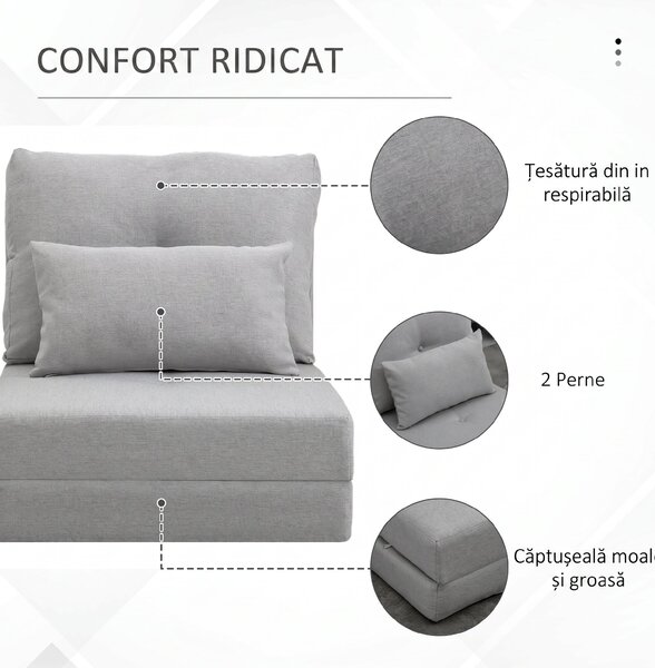 HOMCOM Fotoliu Pat 3 în 1 Convertibilă în Șezlong și Divan de Pe Podea cu 2 Perni, Gri Deschis | Aosom Romania