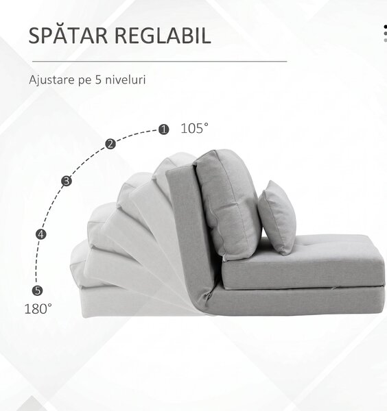 HOMCOM Fotoliu Pat 3 în 1 Convertibilă în Șezlong și Divan de Pe Podea cu 2 Perni, Gri Deschis | Aosom Romania