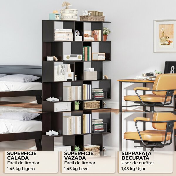 HOMCOM Bibliotecă cu 5 Rafturi Divizate în Formă de S din Lemn, 60x24x184.5 cm, Negru | Aosom Romania