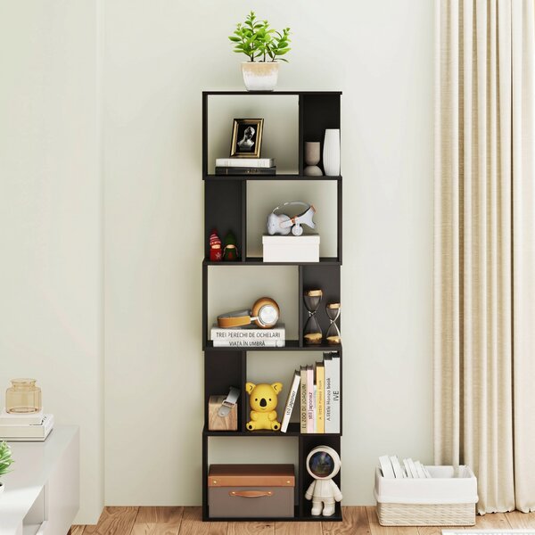 HOMCOM Bibliotecă cu 5 Rafturi Divizate în Formă de S din Lemn, 60x24x184.5 cm, Negru | Aosom Romania