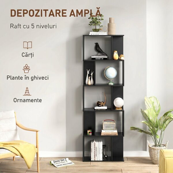 HOMCOM Bibliotecă cu 5 Rafturi Divizate în Formă de S din Lemn, 60x24x184.5 cm, Negru | Aosom Romania