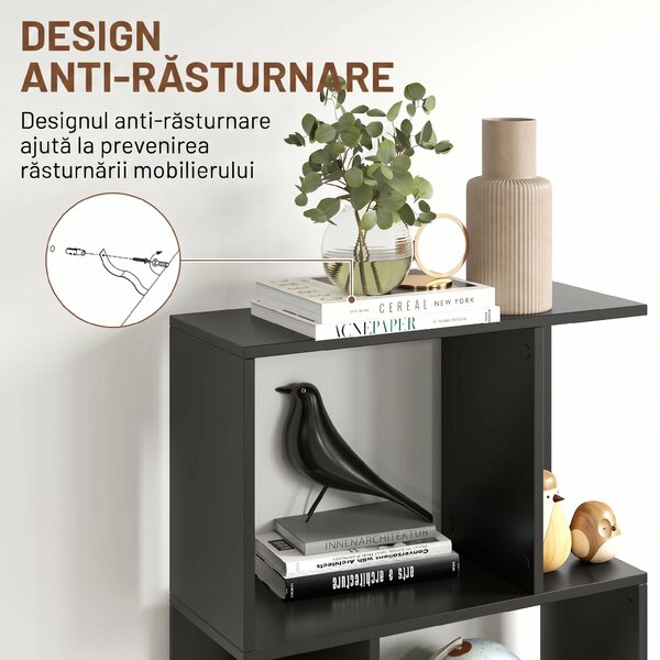 HOMCOM Bibliotecă cu 5 Rafturi Divizate în Formă de S din Lemn, 60x24x184.5 cm, Negru | Aosom Romania