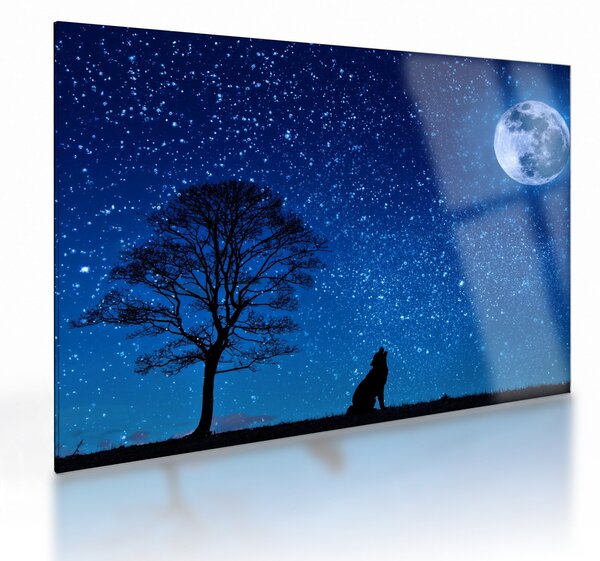 Tablou pe sticlă - Lupul urlând la lună (70x50 cm)